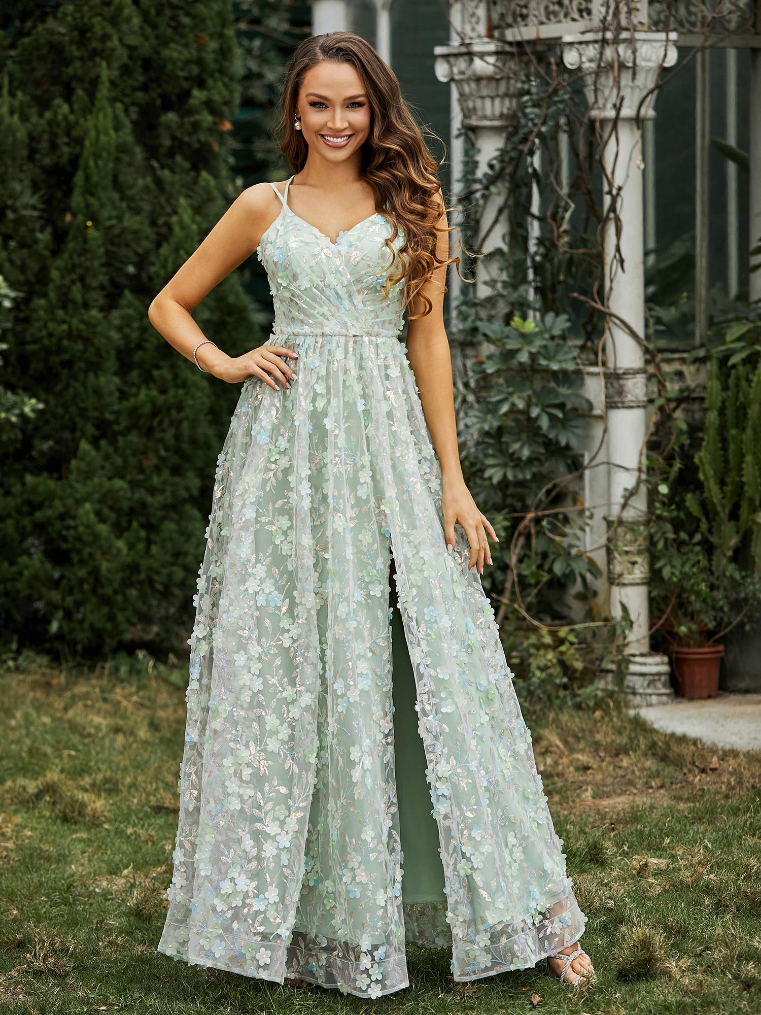 A-line V-neck Lace Dress With Slit Dusty Sage